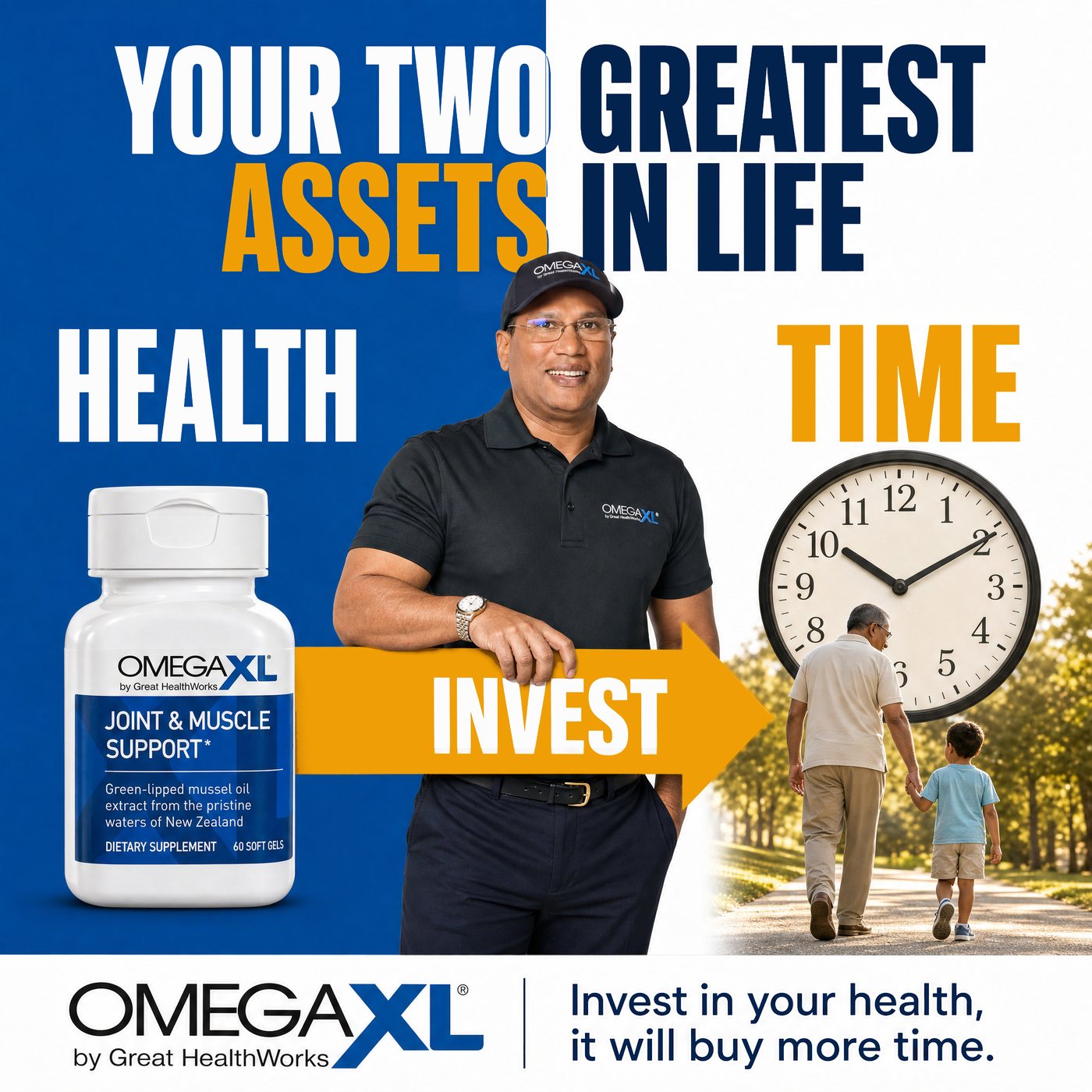 Your two greatest assets in life, health and time: Joseph Sendall with Omega XL. Invest in your health, it will buy more time.