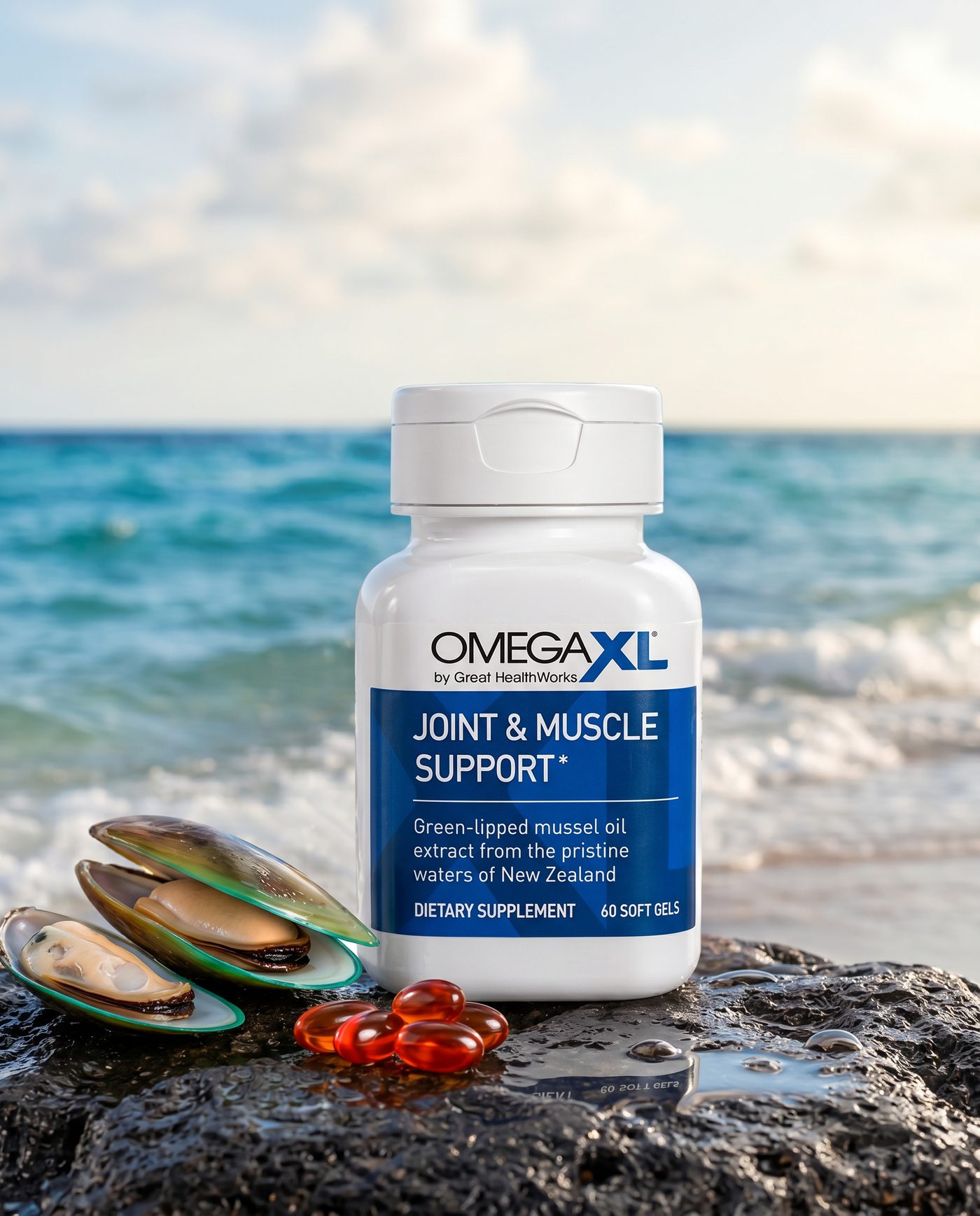 OmegaXL with New Zealand green-lipped mussels and soft gels on a shoreline
 rock